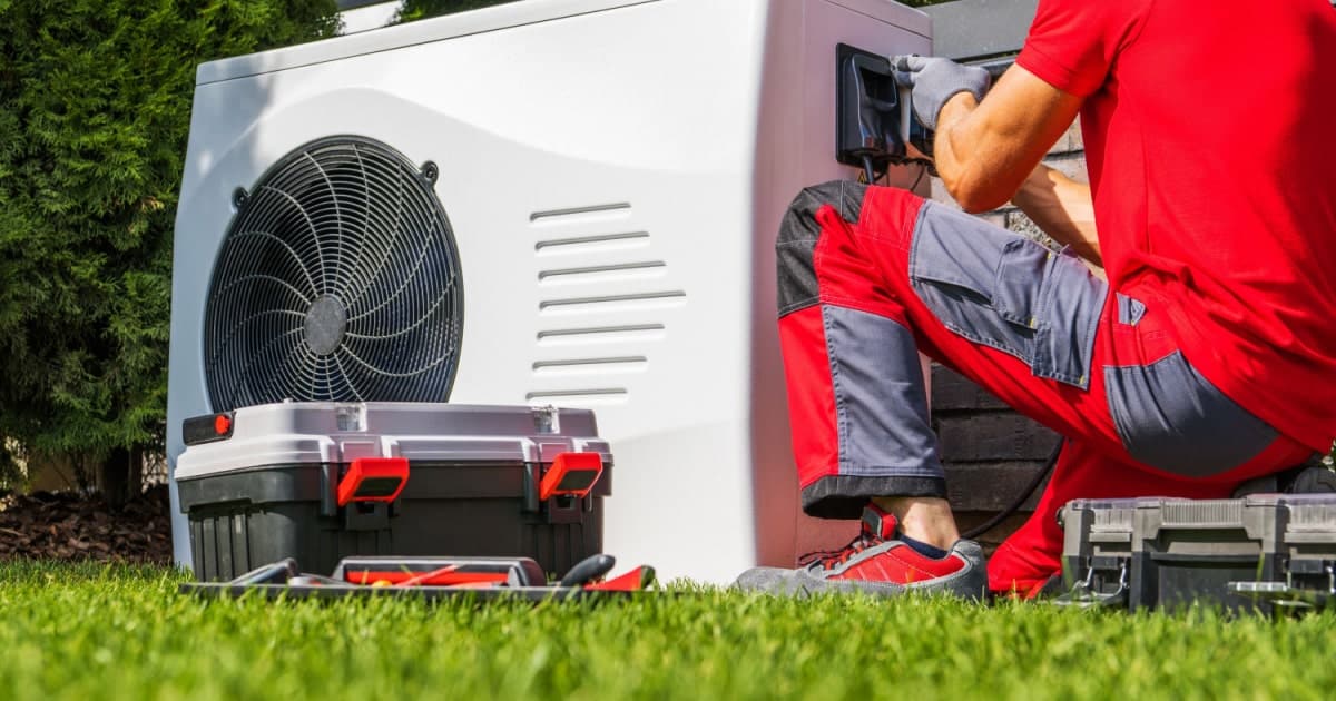 Een vakman die al zittend een warmtepomp installeert