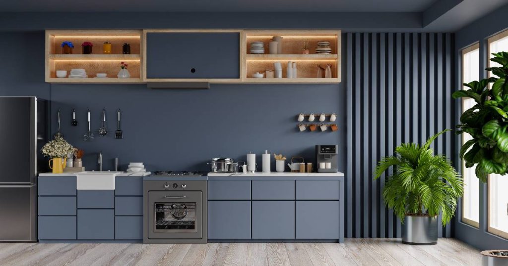 Een moderne blauwe keuken, ontwerpen met keukenadvies van een expert.